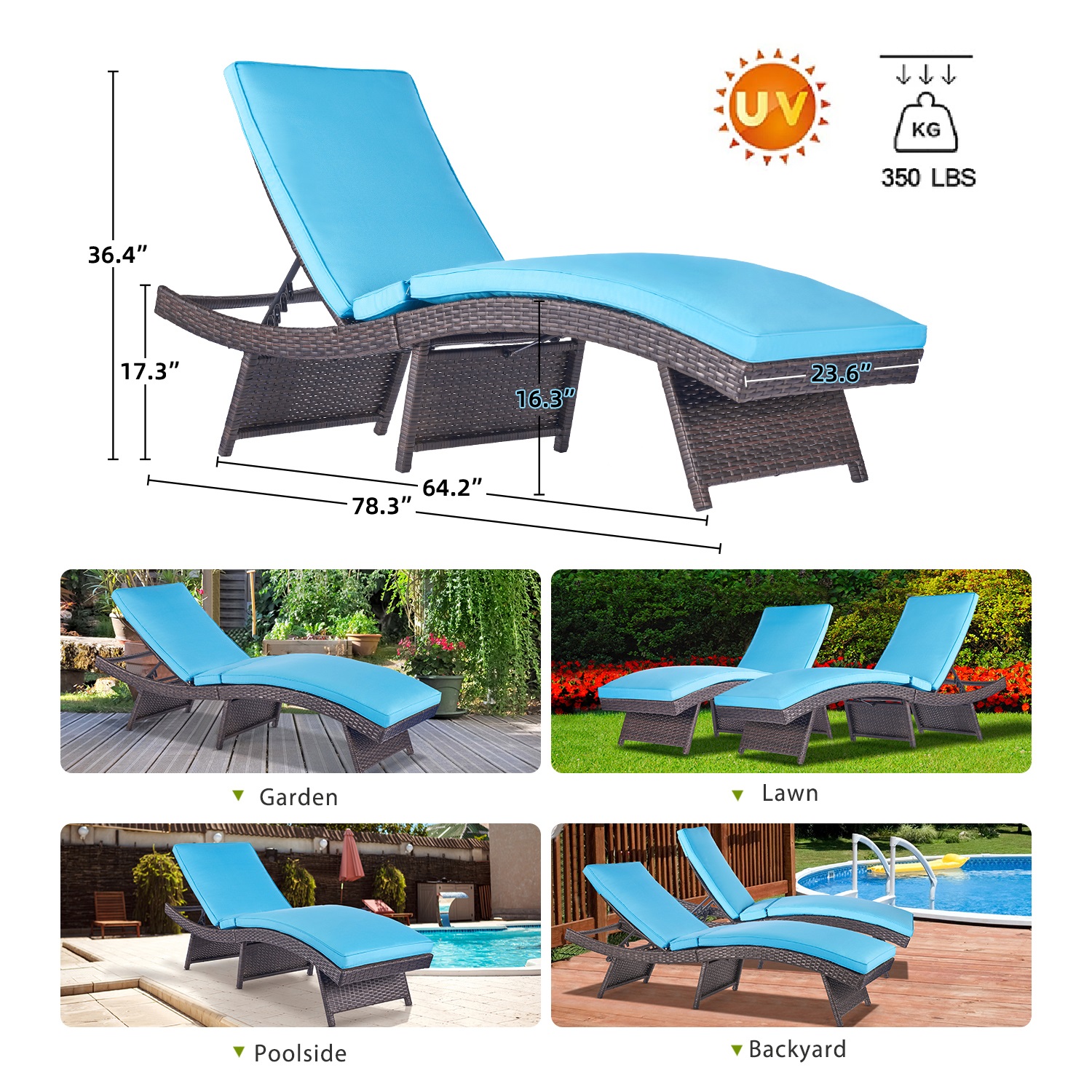 Chaise Lounge Chairs for Outside Foldable Outdoor Patio Wicker Lounge Chair Assembled Rattan Sunbathing Reclining Sunbed Layout Chair with Cushion Blue S Type Adjustable Backrest, No Assembly Required - image 5 of 7