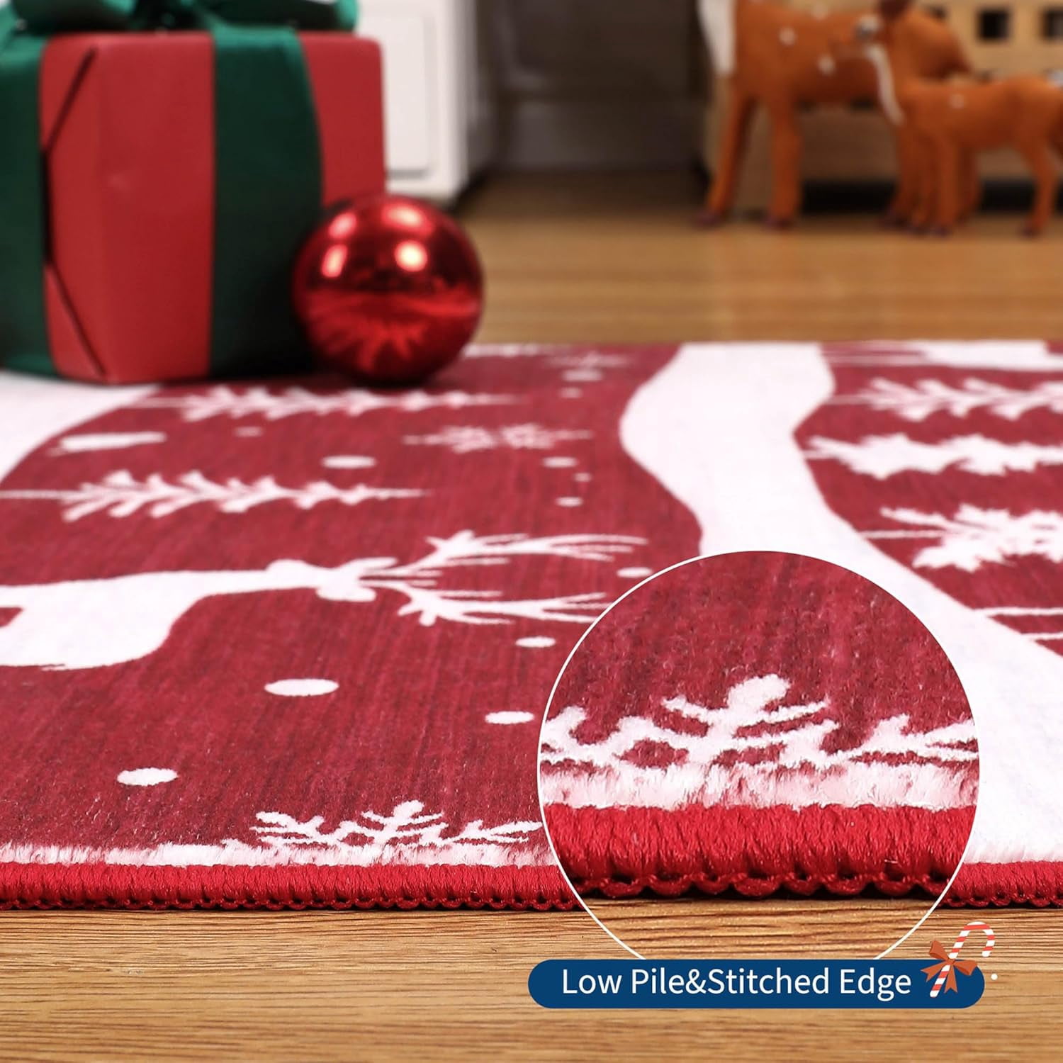 Garvee 6x9 ft Christmas Rug, Washable Non Slip Low Pile Carpet, Xmas Tree Reindeer Snowflake Indoor Rug for Entryway, Kitchen, Living Room, Red