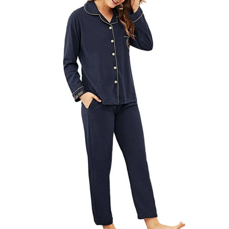 

Grianlook Ladies Sleepwear Pocket Pajamas Sets Button Down Nightwear Women Two Pieces Outfits Lounge Set Casual Lapel Neck Navy Blue M
