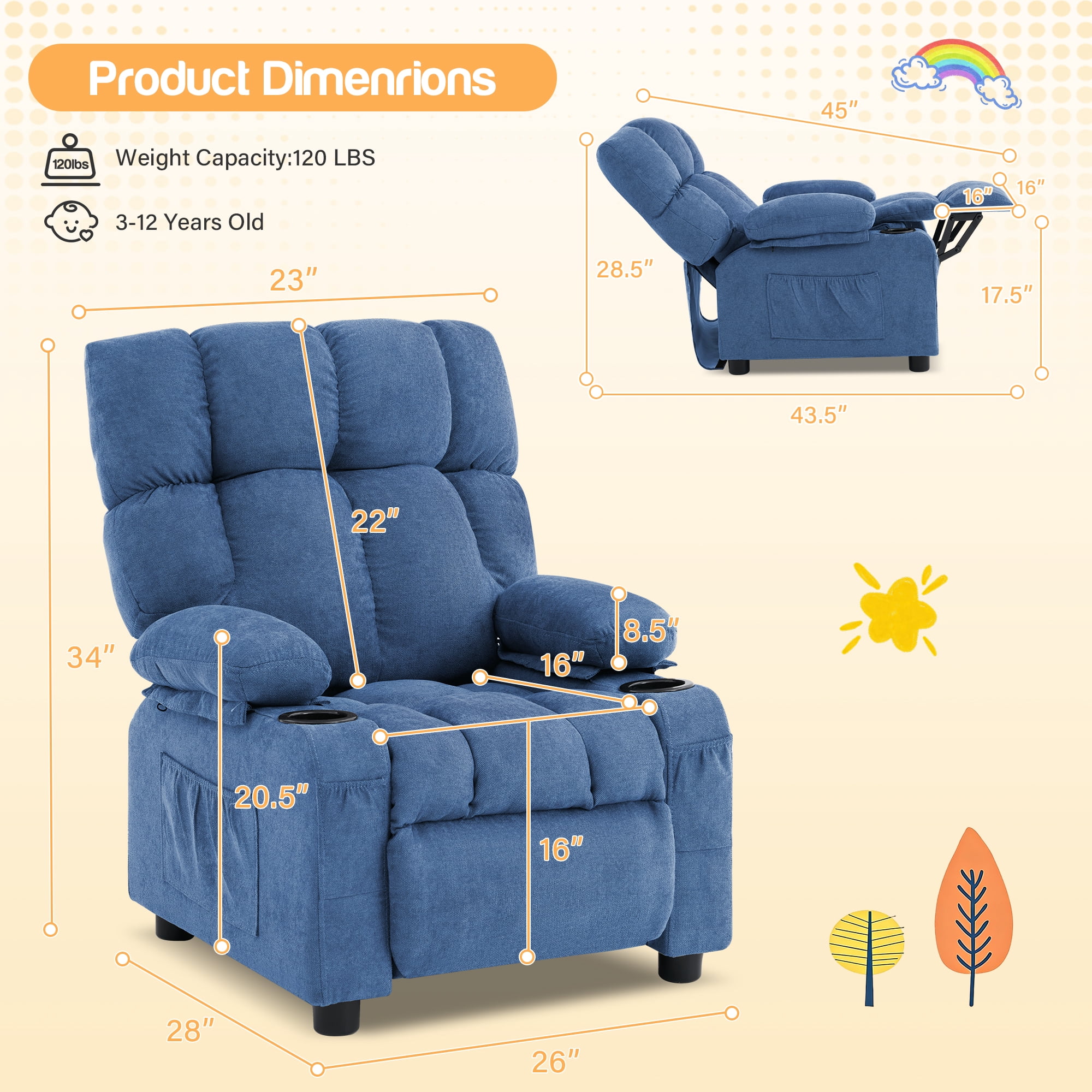 JONPONY Kids Recliner Chair,Push Back Toddler Recliner with Cup Holders & Side Pockets，Adjustable Footrest & Headrest Kids Sofa for Boys Girls 3+ Age Group，Children's Bedroom Furniture，Blue