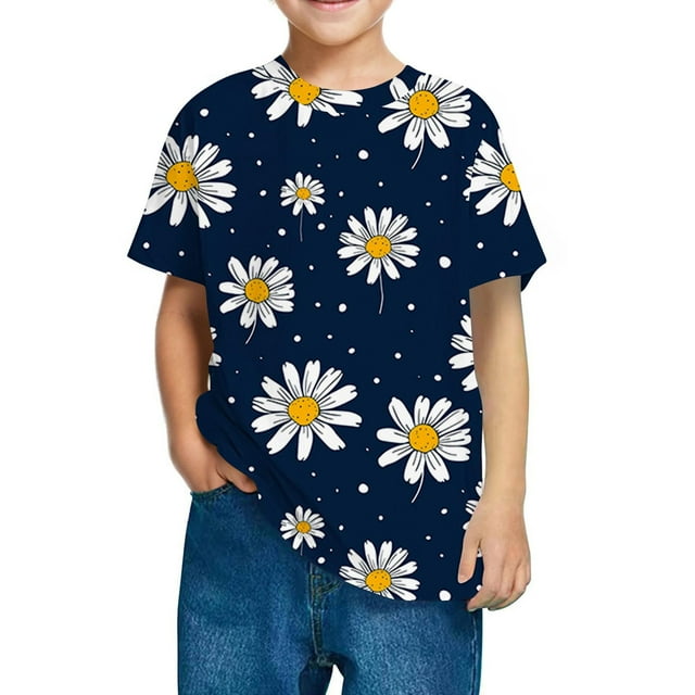 Zpanxa T-Shirts pour Filles Imprimé Stylé Col Rond Manches Courtes Été Décontracté Haut en Coton 7-8 Ans