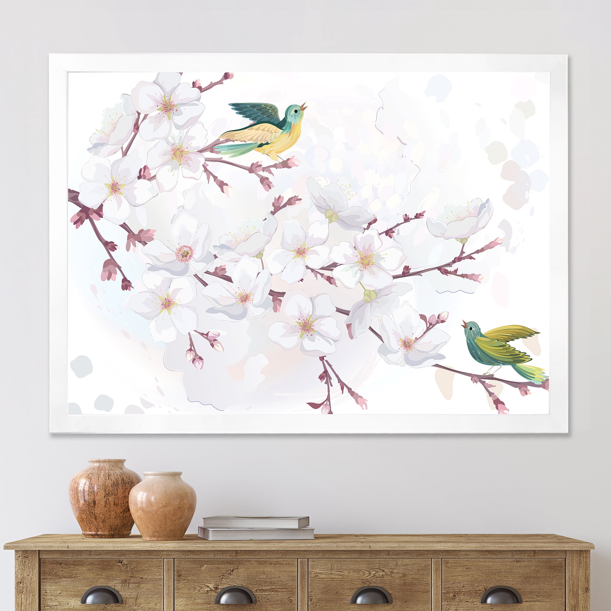 Designart 'Blossoming Cherry Tree and Birds' Traditional Framed Art Print