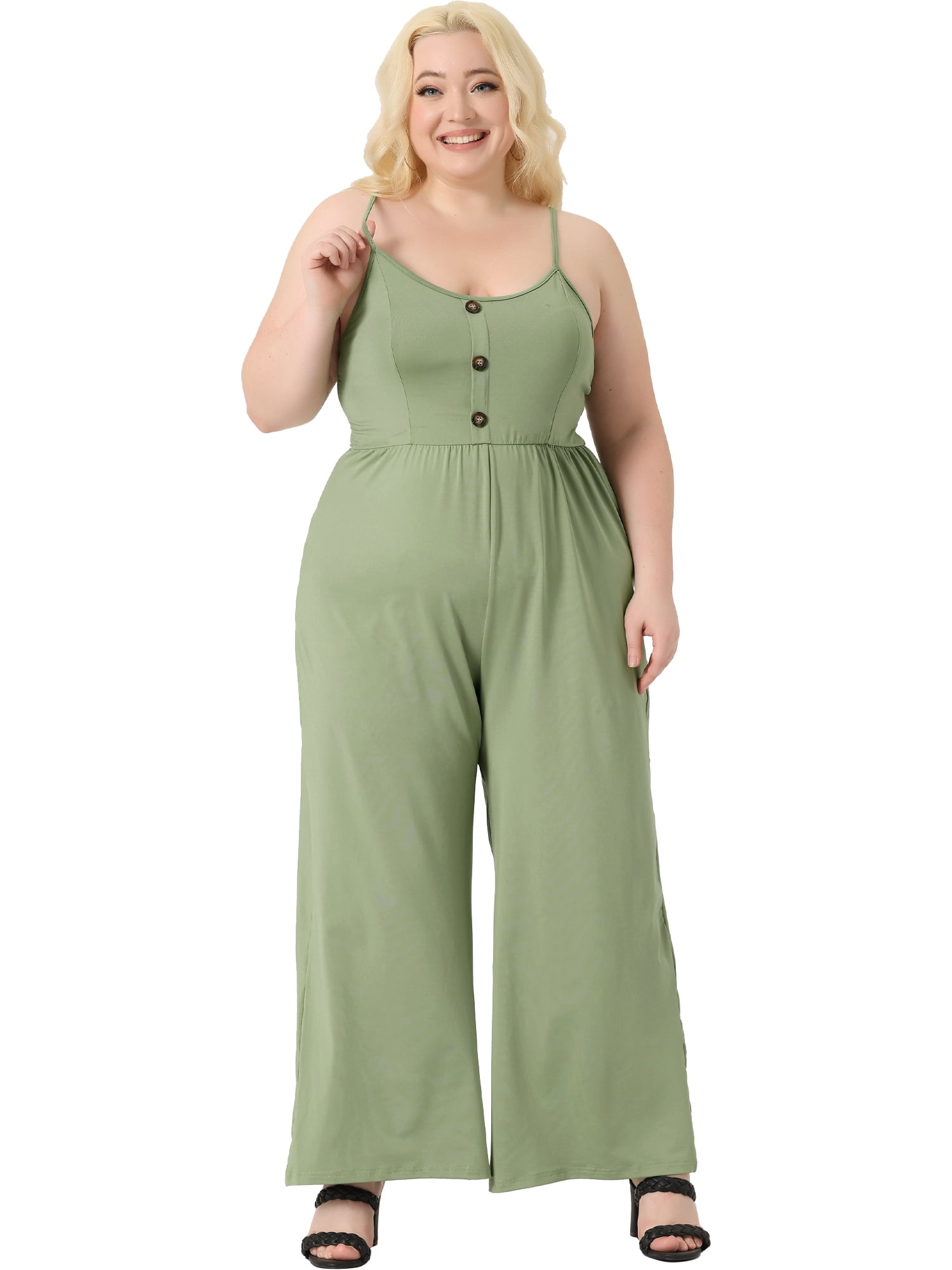 Unique Bargains Women's Plus Size Overall Camisole with Pockets Rompers Jumpsuits 3X Green