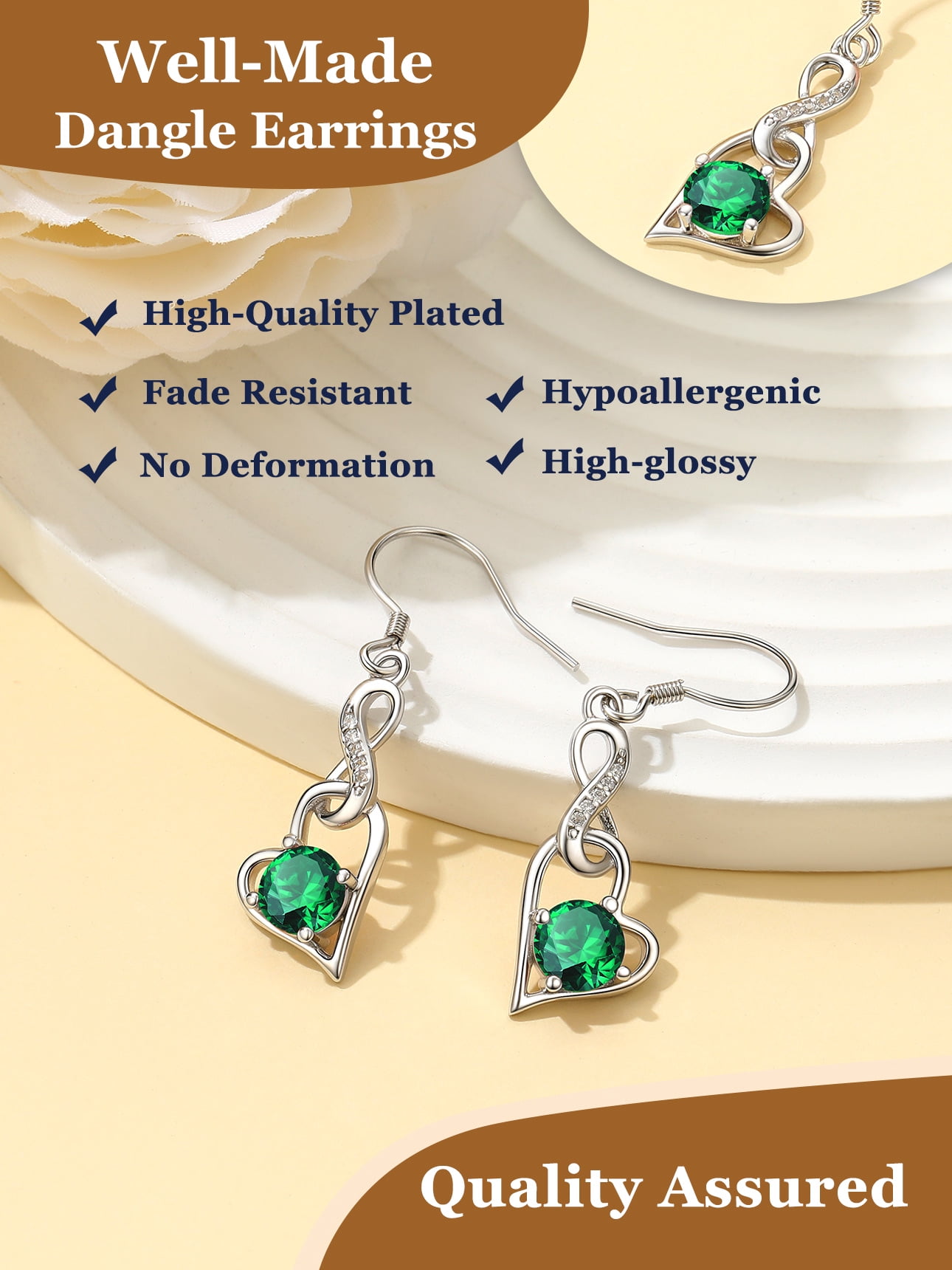 Suplight 925 Sterling Silver Birthstone Earrings for Women May Green Emerald Zircon Infinity Heart Interlocking Dangle Drop Earrings Jewelry Gifts for Mom Mothers Day