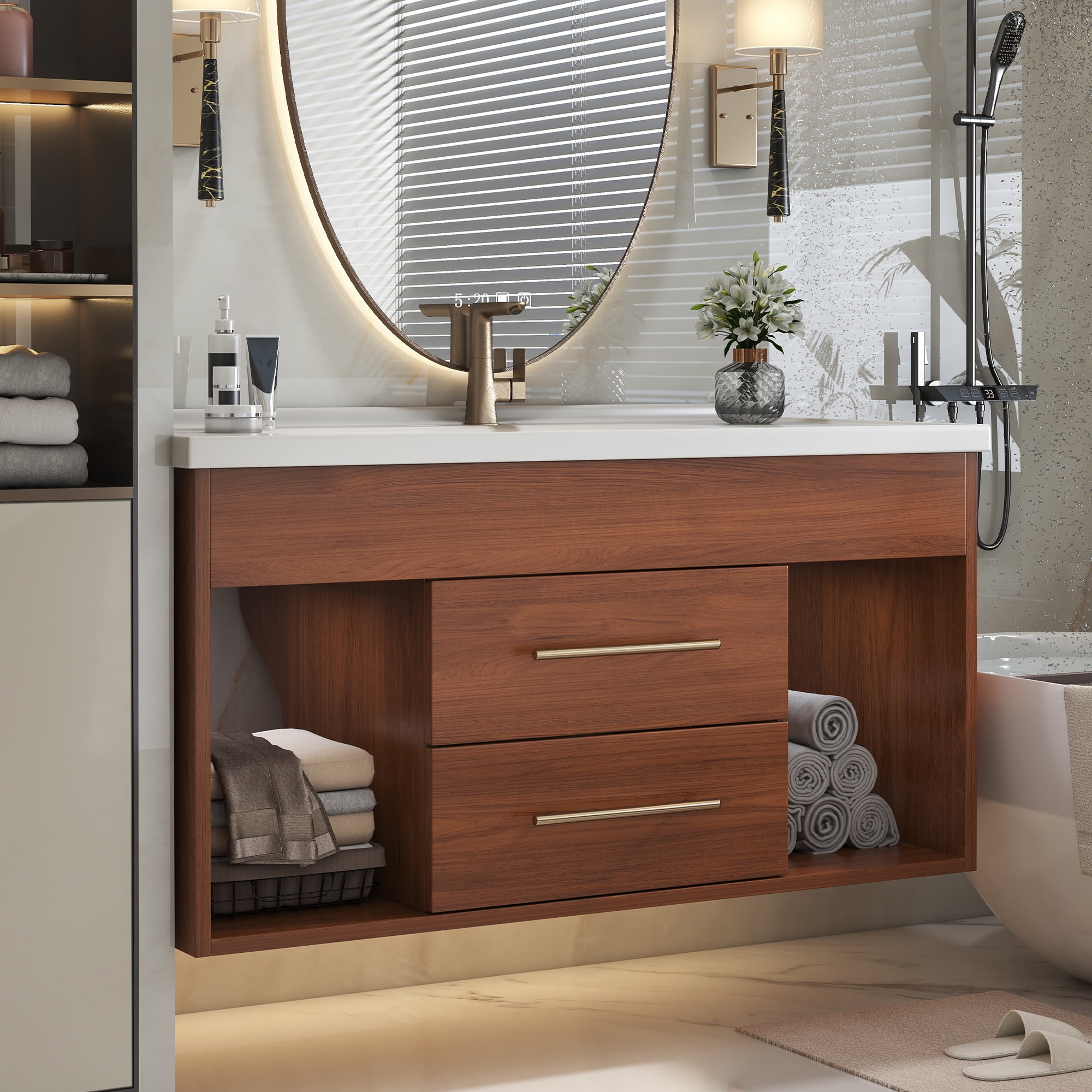 35.4" Mid-Century Modern Bathroom Vanity with Integrated Ceramic Sink, Freestanding Vanity with 2 Drawers & Open Shelf, White and Walnut