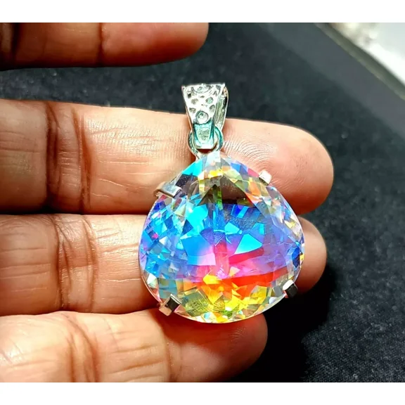 95  Ct  Rare Mystic Topaz Multi Color 925 Solid Silver Pendant Heart Gemstone