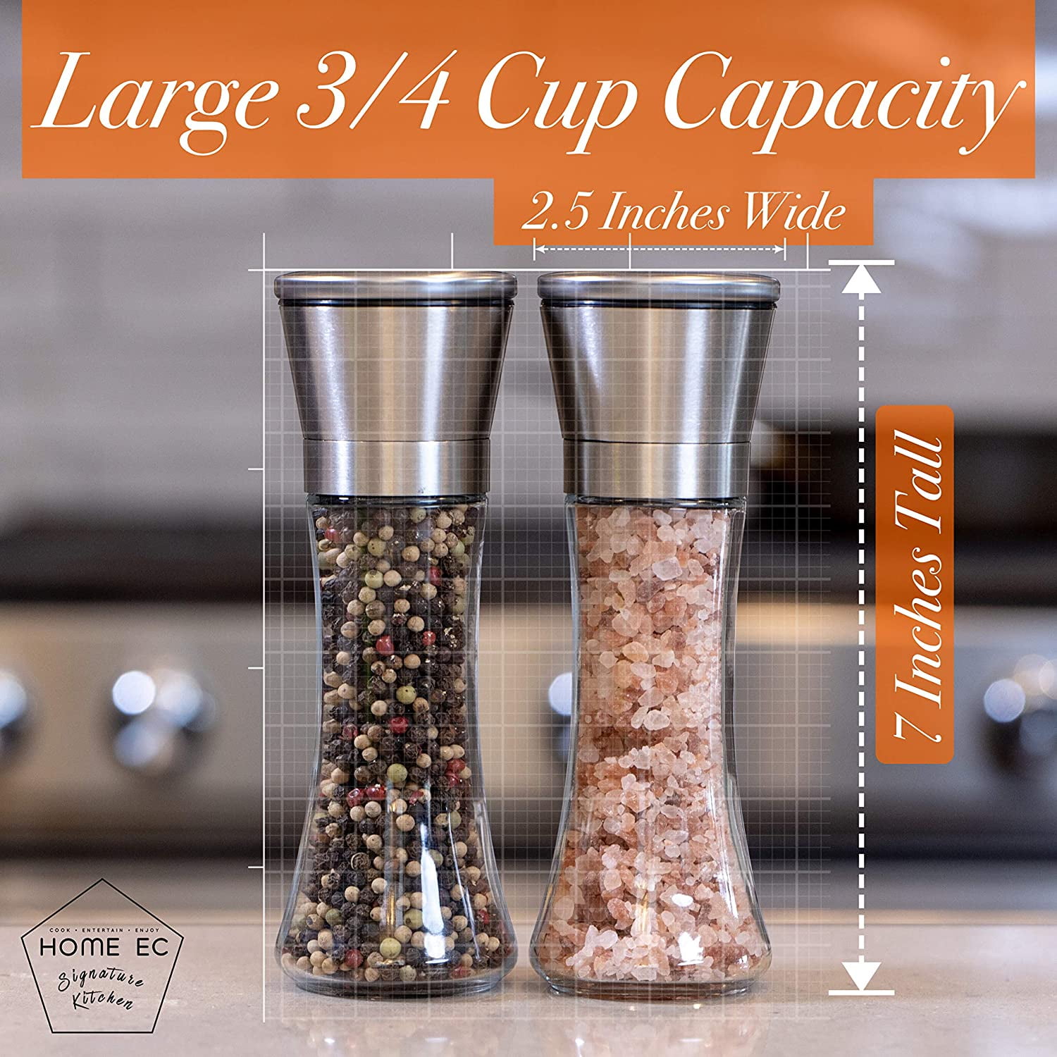 Stainless Steel Salt and Pepper Grinder - Adjustable Ceramic Sea Salt  Grinder & Pepper Grinder - Tall Glass Salt and Pepper Shakers