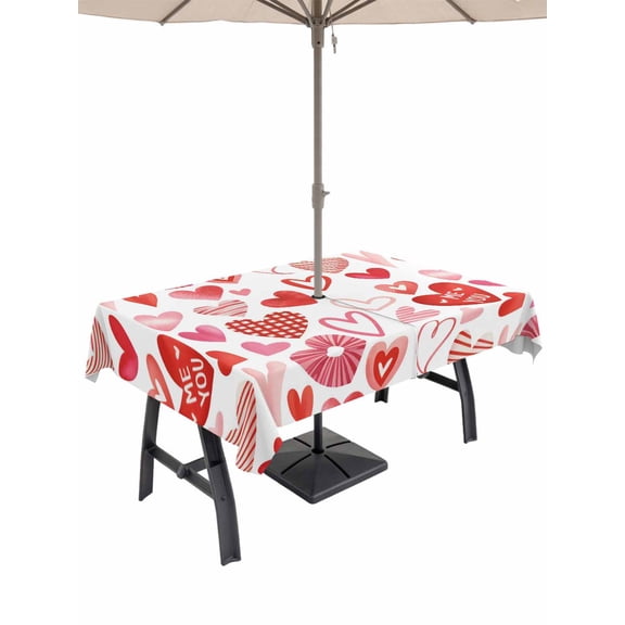 Outdoor Tablecloth with Umbrella Hole and Zipper, Valentine's Day Rectangle Table Cloth 60x84 Inch Waterproof Tablecloth, Watercolor Love Heart Romantic Me You Picnic Table Cover for Patio Camping