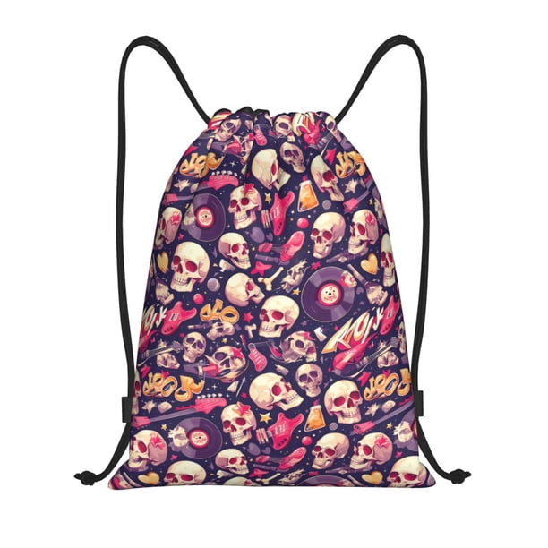 Fotbe music Skull record Guitar Bolsa Mochila con Cordón Estampada, Bolsa de Gimnasio Deportiva, Bolsa Cinch, Bolsa con Cordón para Hombres y Mujeres-Small