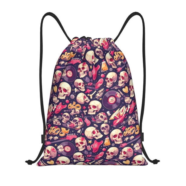 Xecao music Skull record Guitar Pattern Sports Drawstring Backpack - String Swim Gym Bag with Wet Proof Pocket for Women&Men-Small
