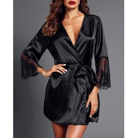 Women s Bathrobes Satin Robe Nightgown Sleepwear Pajamas Lingerie Night Dress Short Bathrobes Black XL