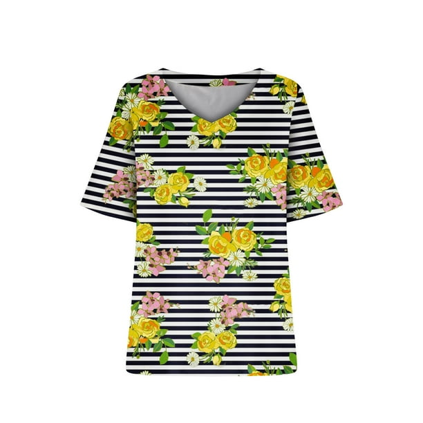 Camiseta de manga corta plisada elástica con cuello en V y estampado floral de talla grande para mujer OAVQHLG3B Store lin121212