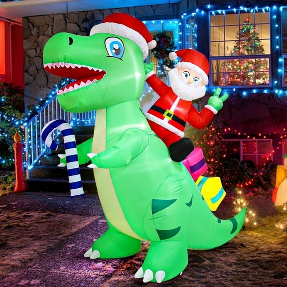 scurora 8Ft Christmas Inflatable Decorations, Santa Dinosaur Outdoor Inflatables, Santa Claus Riding Giant Dinosaur, Build-in 7 LED Lights Blow up for Christmas Party Outdoor Yard Lawn Decor
