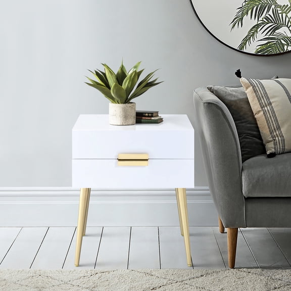White and Gold Side Table with Drawer Storage for Organization - Adaptable as End, Side or Nightstand