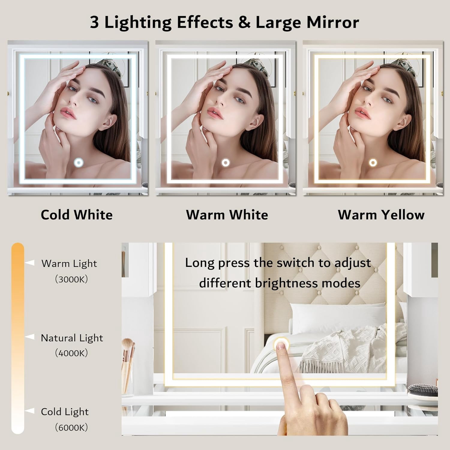 Laisnet White Makeup Vanity Desk with Mirror, RGB Lights & Power Outlet, Dressing Table with Glass Top & Jewelry Storage, 7 Drawers & 3 Cabinets