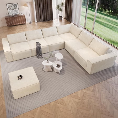 Neche 143.7" Oversized Boneless Couch, Modern 7 Seater Modular Sectional Sofa with Deep Seat, Convertible Chenille Cloud Couches for Living Room, No Assembly Required, Beige