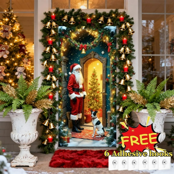 Tarmeek Christmas Door Cover Decorations, Santa Claus Backdrop Front Door Cover Xmas Decor Hanging Banner, Photography Background for Home Holiday Christmas Decorations