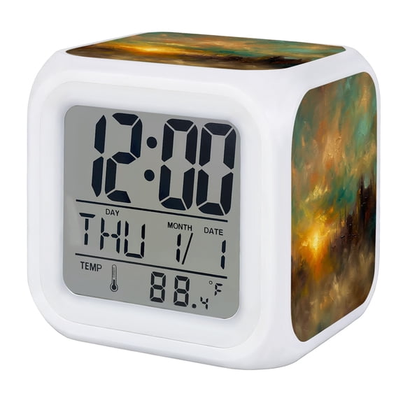 Sunset Sky Digital Alarm Clock for Bedrooms, Smart LED Alarm Clock with 7 Color Changing Night Light, Golden Clouds Distant Hills Abstract Silent Wake Up Clocks for Sleep Study Cooking 3.2"x3.2"