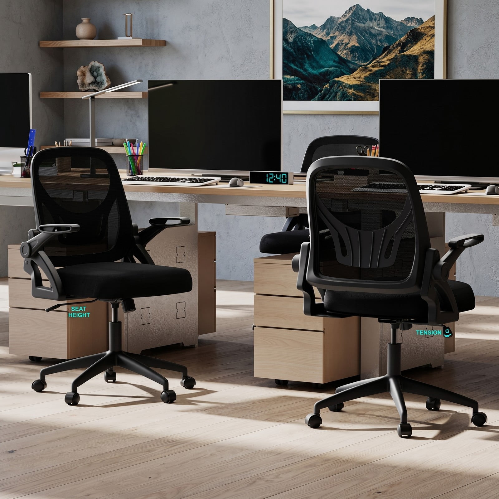 Furnibear Ergonomic Computer Desk Chair, Mesh Home Office Task Chair with Lumbar Support, 90 Degree Flip-up Armrests, Height Adjustable Swivel Rocking Chair, Black