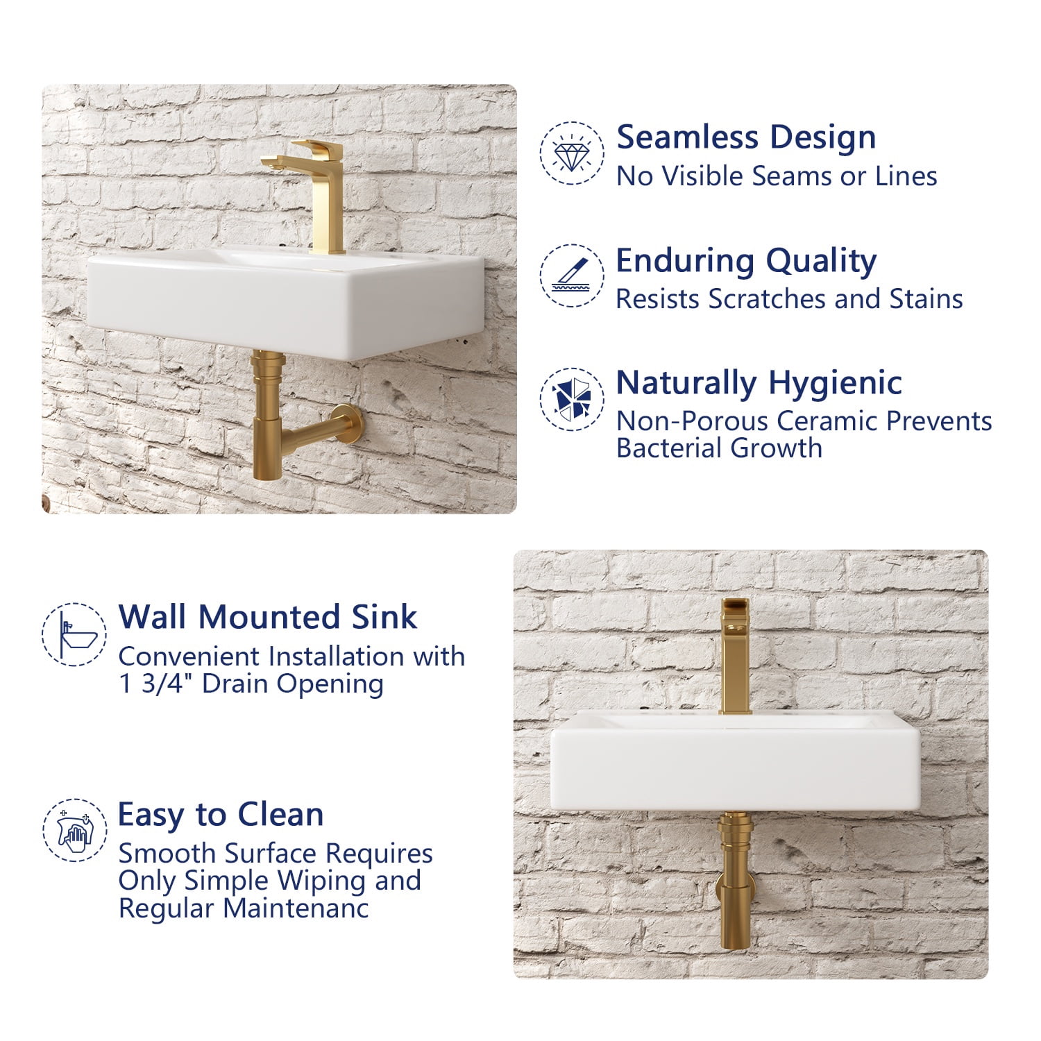 DeerValley DV-1WS0128 18" x 12" White Rectangular Ceramic Wall Mount Bathroom Sink with Faucet Hole