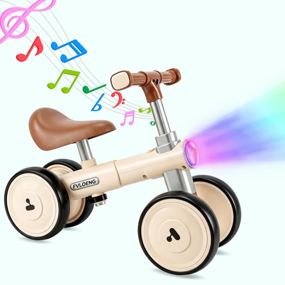FVLOENG Baby Balance Bike for 1-3 Year Old Toddlers, 4-Wheel No Pedal Ride On Toy with Music & LED Lights, Adjustable Seat & Frame, First Toddler Bike for Boys Girls, Indoor Outdoor Birthday Gift