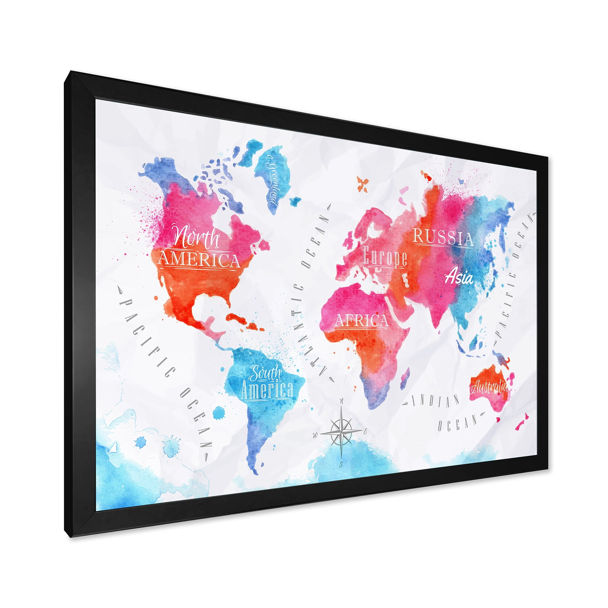 Designart 'World Map In Blue and Pink' Modern Framed Art Print