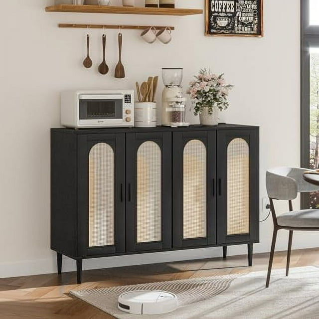 2025 New Rattan Sideboard Buffet Cabinet, 4 Doors Accent Storage Cabinet, Console Table Coffee Bar with Power Outlet, Adjustable Shelves for Kitchen, Dining Room, Hallway, Living Room