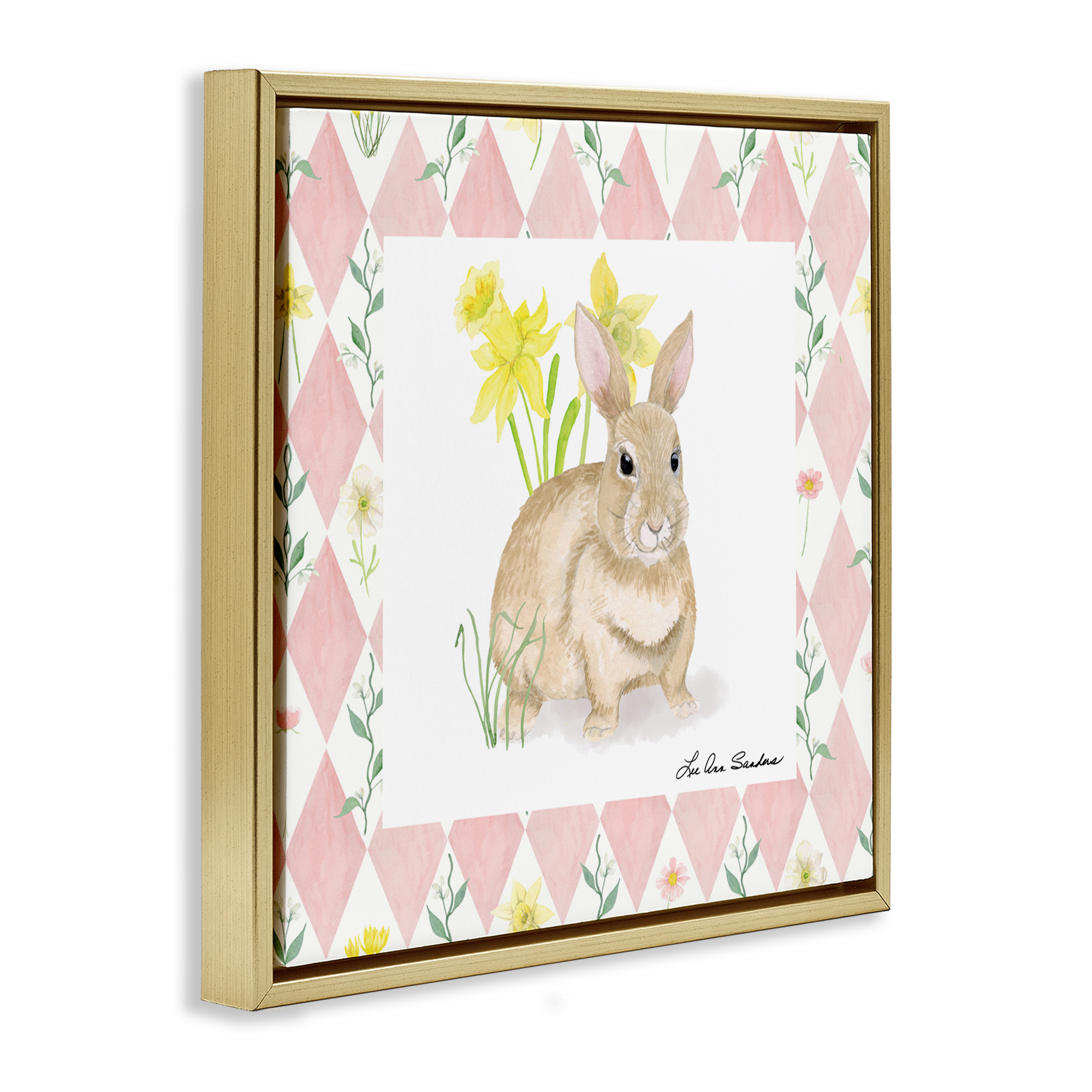 Bunny on Pink Argyle Gold Framed Floater Canvas Wall Art, design by Lee Ann Sanders
