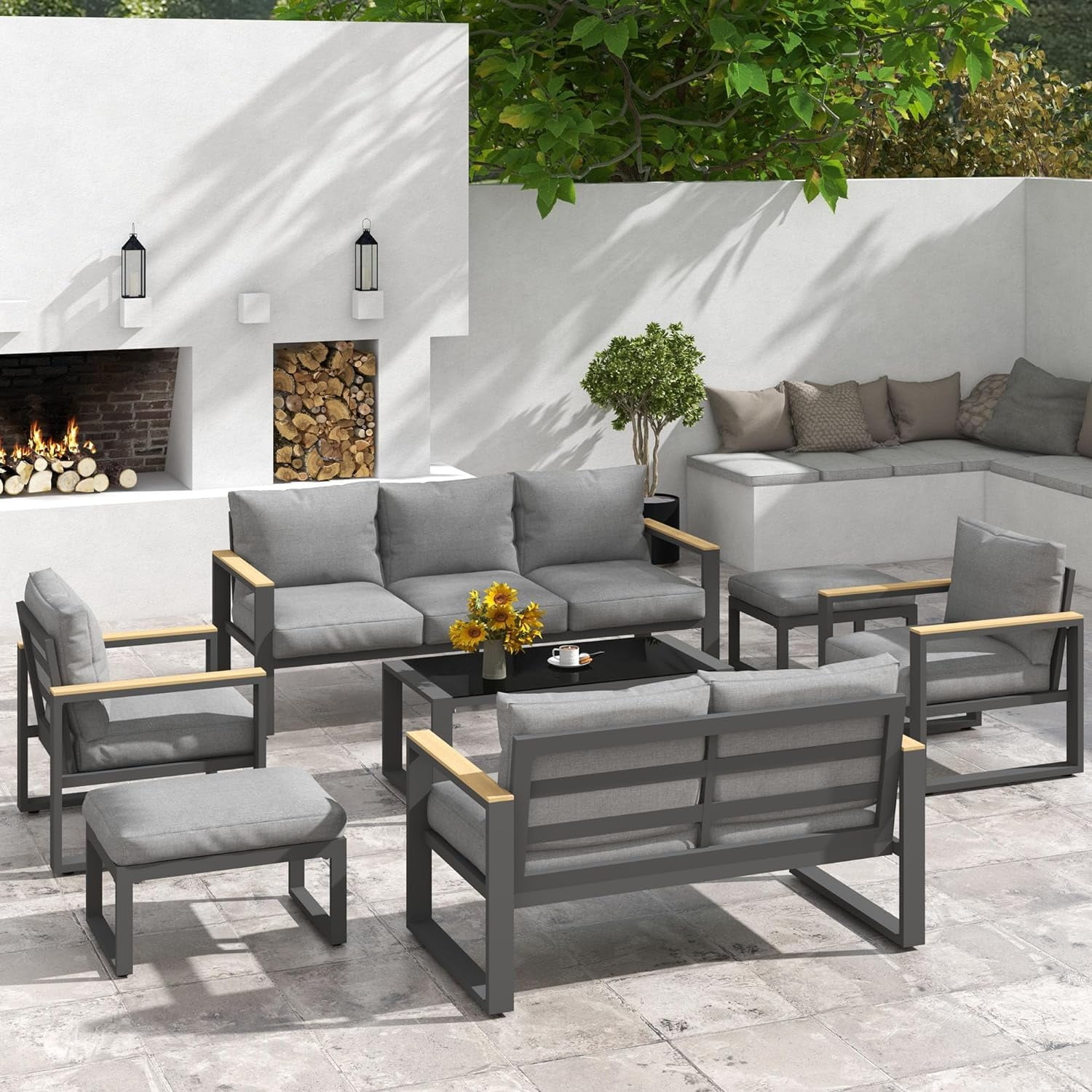 Heynemo 2 Pieces Aluminum Outdoor Patio Ottoman Set, Outdoor Foot Stools with Thick Cushion, Small Seat Furniture for Porch Balcony Backyard, Grey