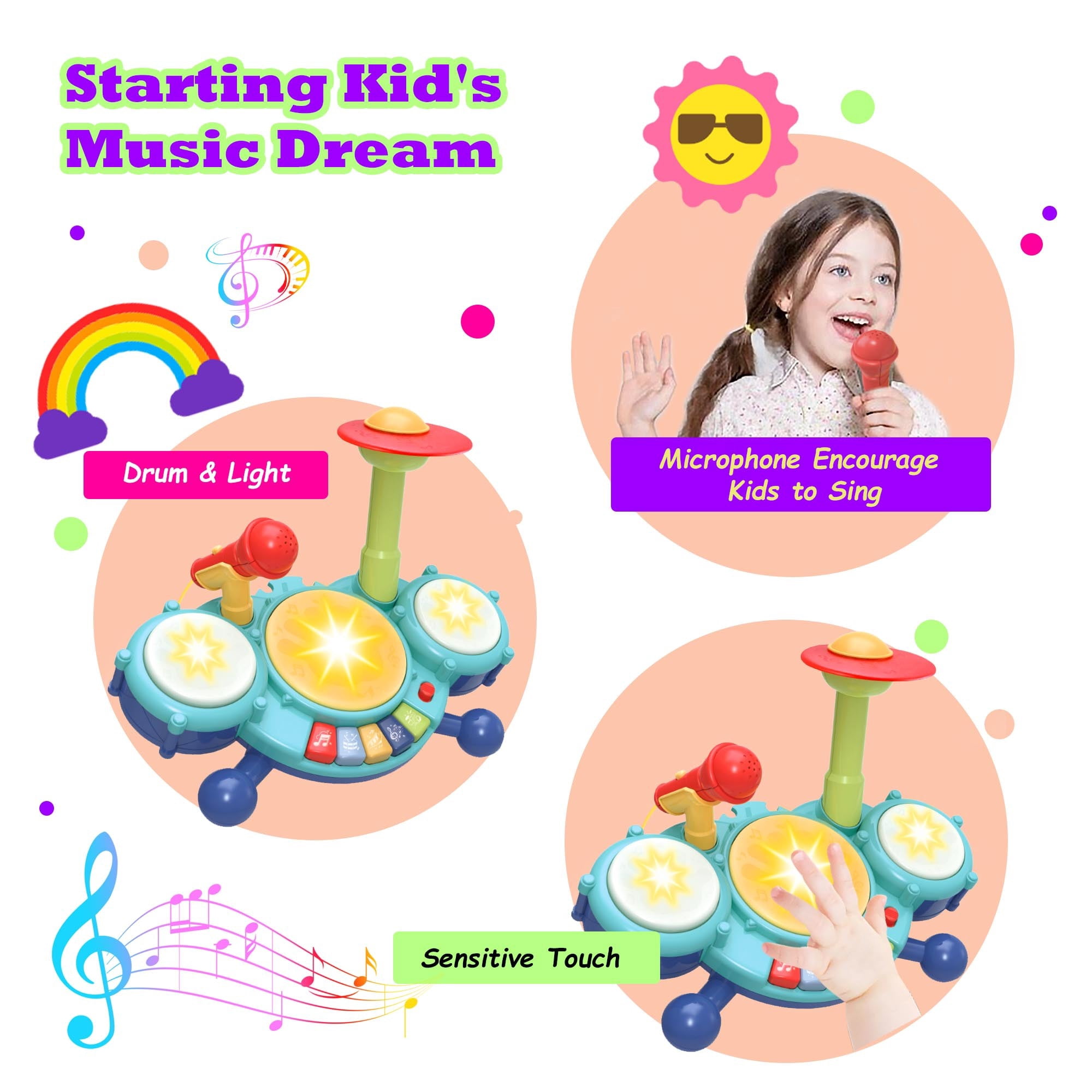 Contixo Kids Drum Set with Lights and Sounds, 5 Playback Modes Musical Instrument for Ages 2 to 5, Blue