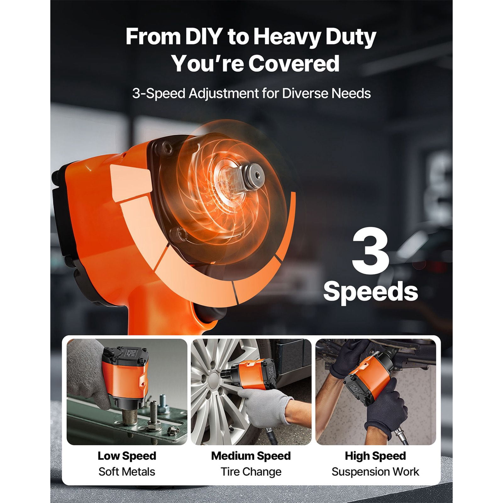 Air Impact Wrench 1/2 Inch Drive 738 ft-lbs Torque 8500 RPM 4-Speed Adjustable for Auto Repair Light Duty
