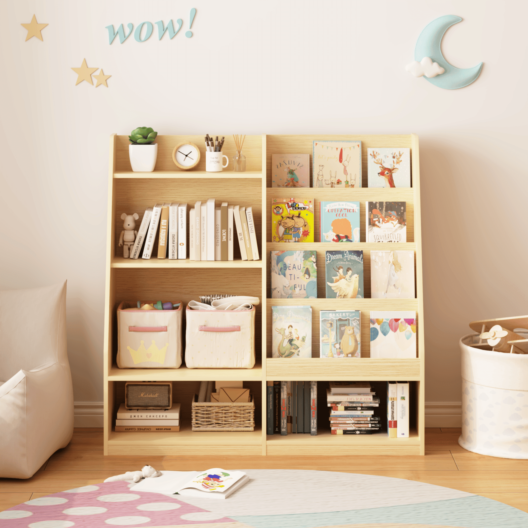 Kids Bookshelf and Toy Storage Organizer, Multifunctional 4 Tier Wooden Kids Book Shelf with Bookcase Display Stand in Kids Room Playroom Nursery for Kids, Children, Toddlers (Natural)