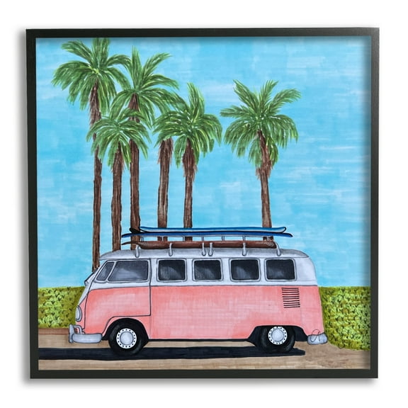 Stupell Industries Tropical Vacation Minibus Transportation Painting Black Framed Art Print Wall Art, 12 x 12