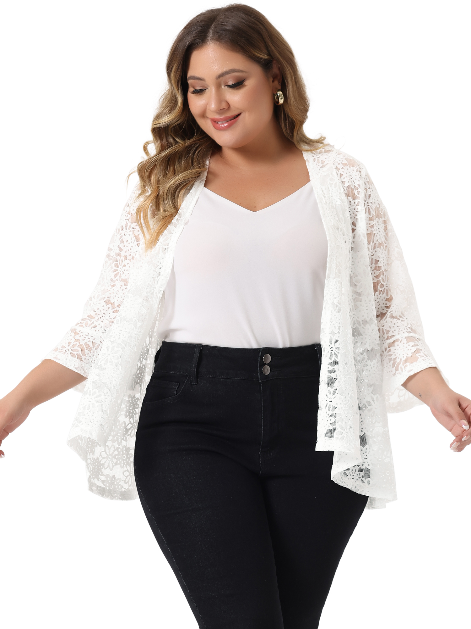 DARING DIVA Women's Plus Size Open Front 3/4 Sleeve Sheer Lace Cardigan 1X White