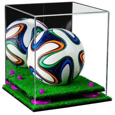 Deluxe Acrylic Mini - Miniature (not Full Size) Soccer Ball Display Case with Mirror, Purple Risers and Turf Base