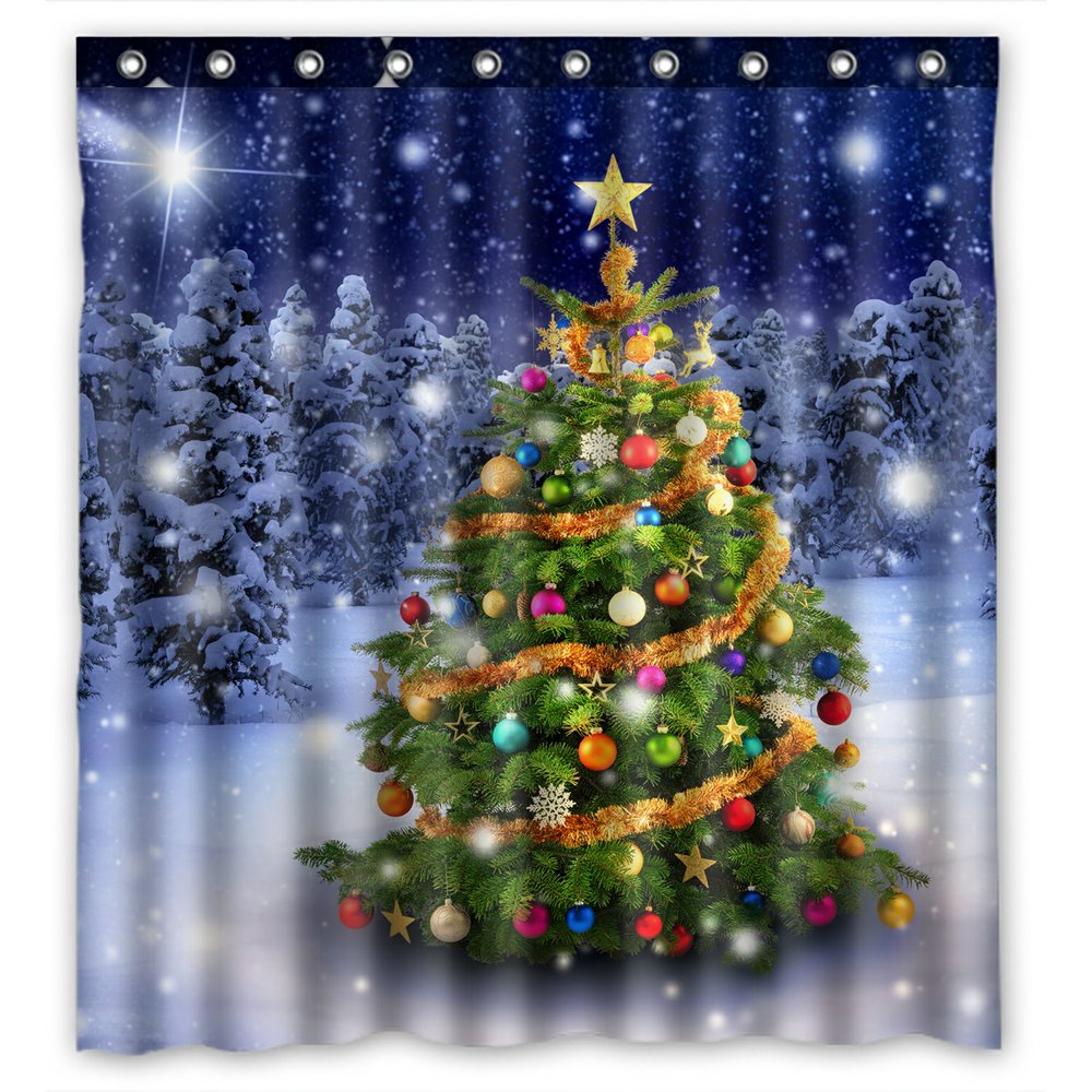 PHFZK Snow Tree Scenery Shower Curtain, Colorful Merry Christmas Tree with Holiday Presents