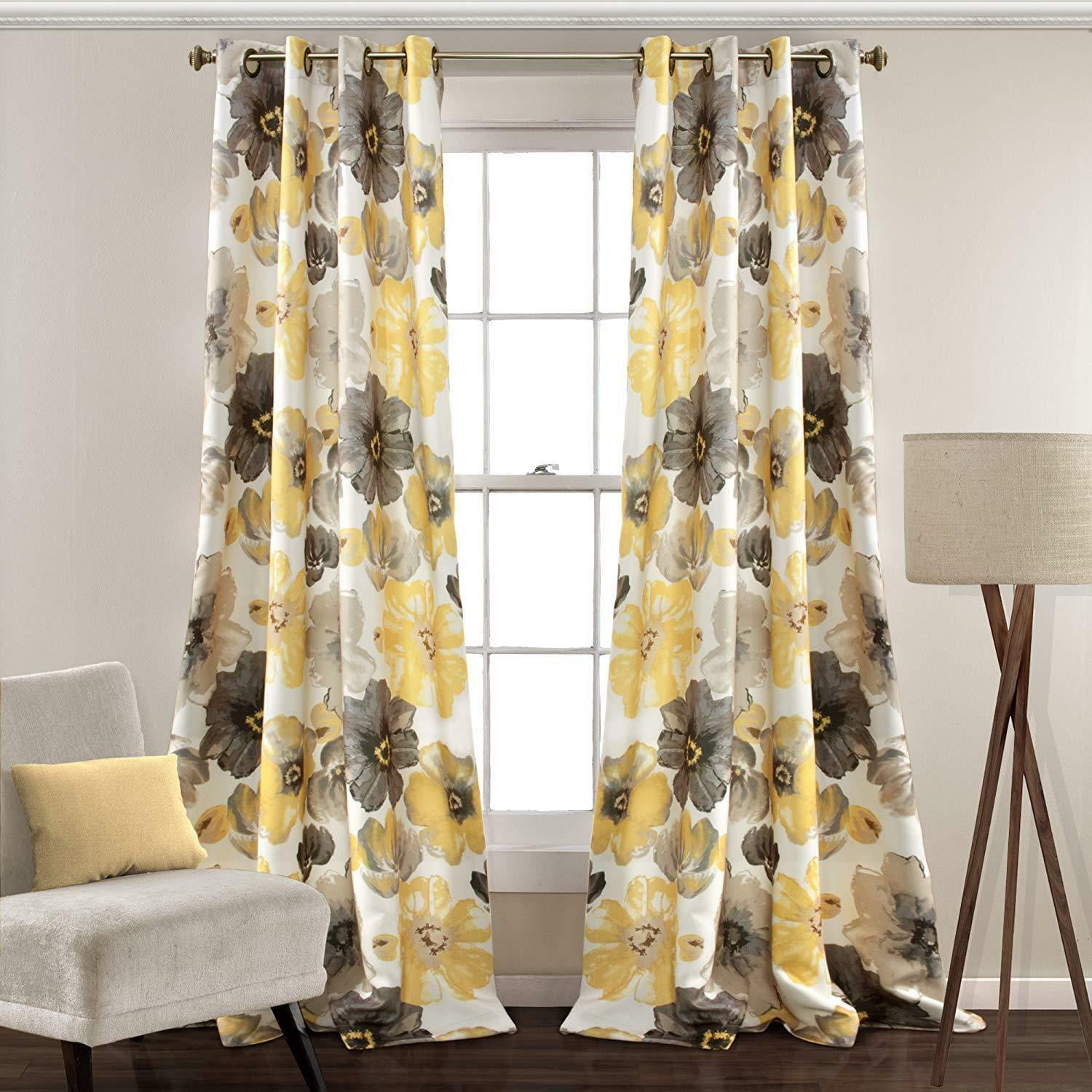 Rooney Floral Print Room Darkening Window Treatment Curtain Panel Set (52" X 84", Yellow & Gray