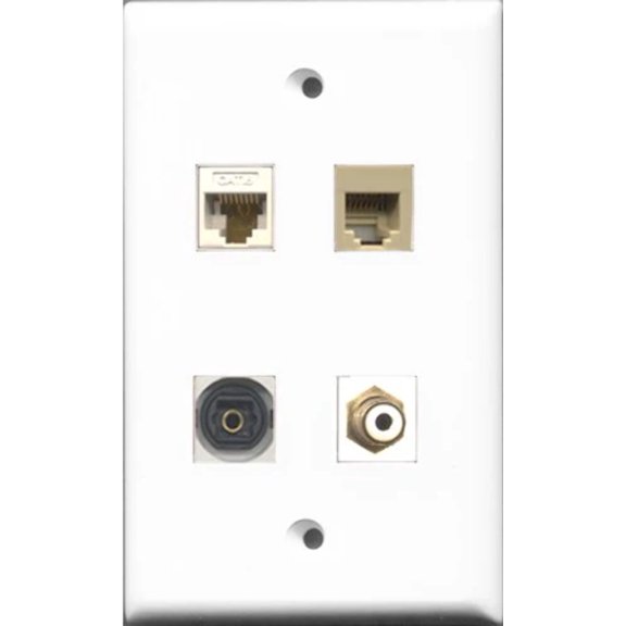 RiteAV 1 Port RCA White and 1 Port Phone RJ11 RJ12 Beige and 1 Port Toslink and 1 Port Cat6 Ethernet White Wall Plate