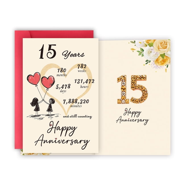Tarjeta de aniversario Detuca para 15 años de boda, doble cara, 20 x 13,5 cm