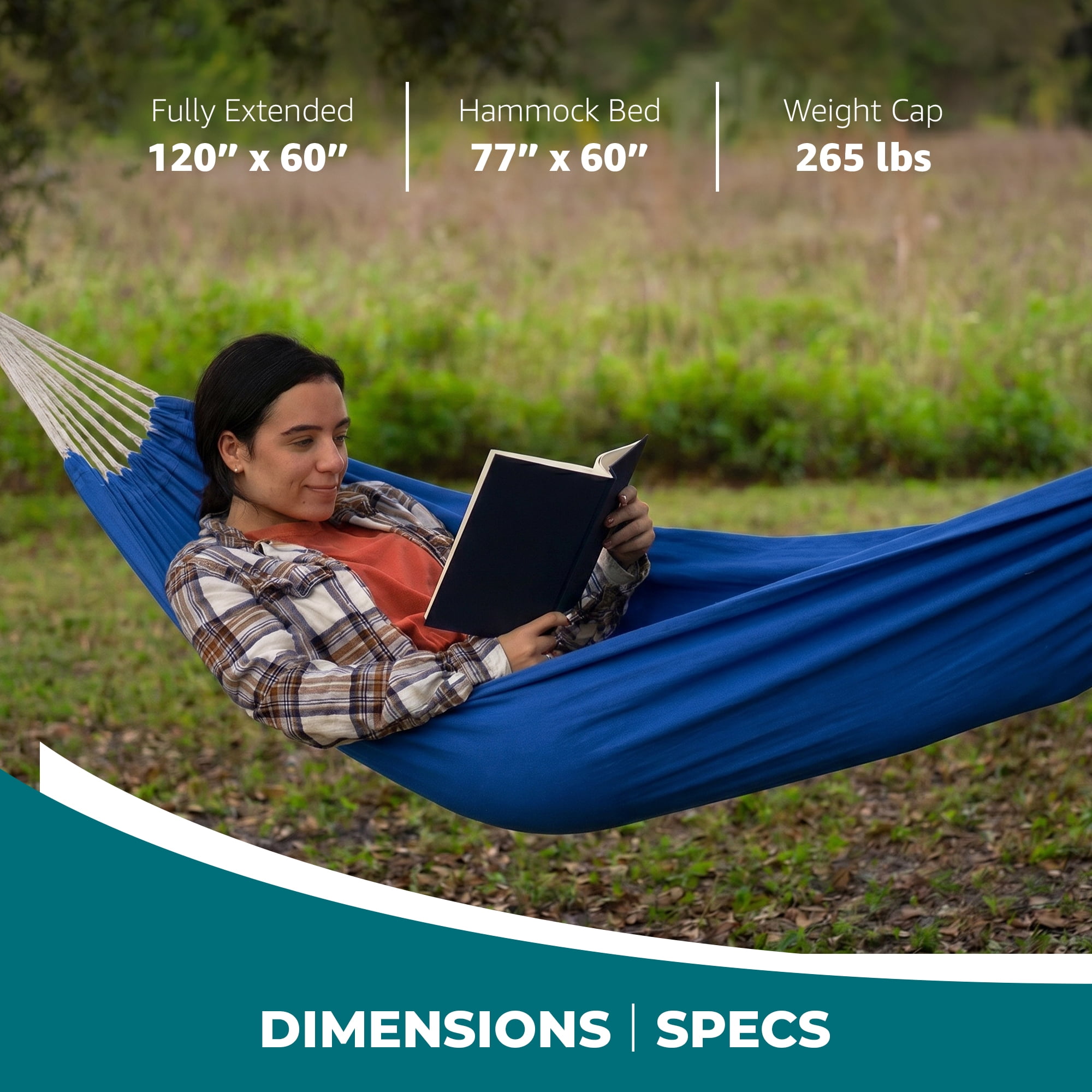 Bliss Hammocks 60"W Double Hammock with Rope Loops & Tree Straps, 265 lb, Dark Blue