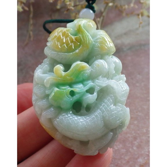 Certified Yellow Green Burma 100% Natural A Jade jadeite Pendant Dragon Phoenix Necklace 646765 TN