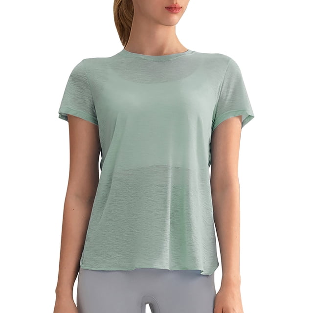 Camiseta holgada con corte en la espalda para mujer: cuello redondo, manga corta, poliéster, para yoga/deporte (tallas S-XL)