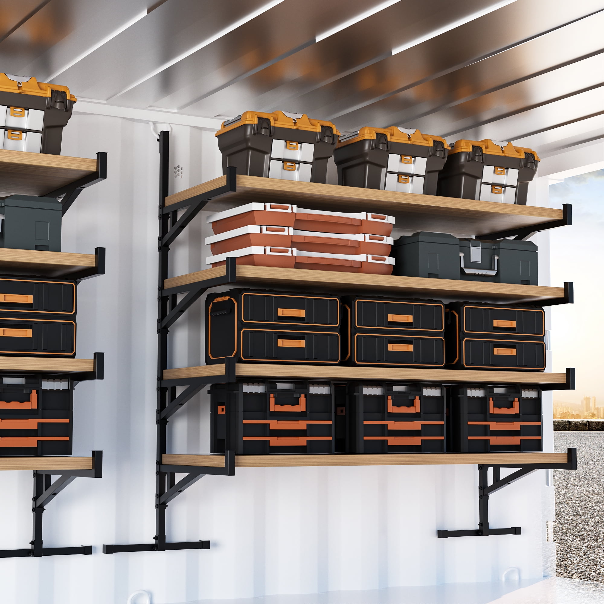 GIOTORENT Heavy Duty Shipping Container Shelving, 4-Tier Wall Mounted Rack, 4 Pack, 1100 lb Capacity, Black