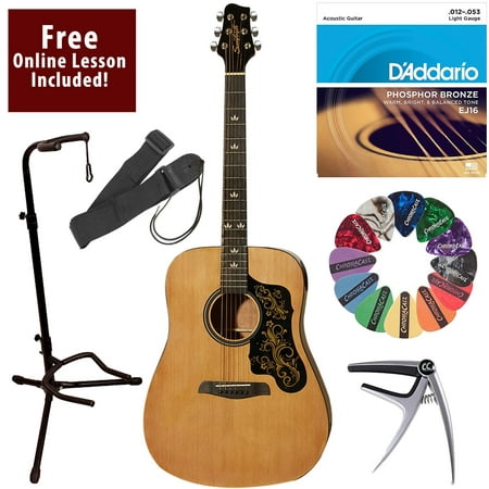 Learn To Play Sawtooth Acoustic Guitar with D’Addario Strings and Chromacast Stand, Picks, Capo, Strap, Case, and Free Online Lesson – Dreadnought Folk