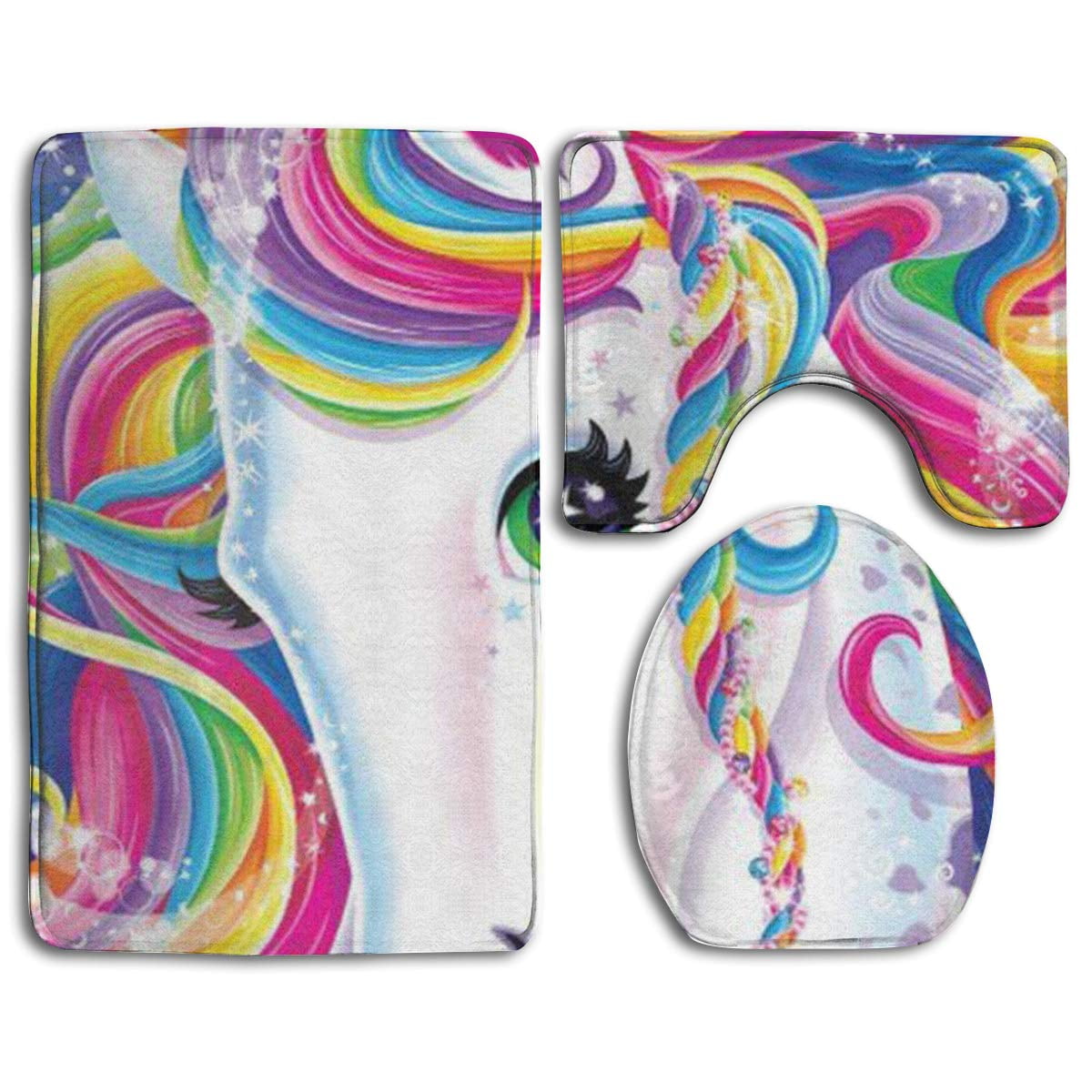 PUDMAD Colorful Rainbow Unicorn 3 Piece Bathroom Rugs Set Bath Rug