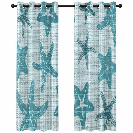 Marine Life Blackout Curtains 84 Inches Long Blue Green Starfish Ocean Linen Texture Vintage Thermal Insulated Room Darkening Drapes with Grommets for Living Room 52 W x 84 L 2 Panels