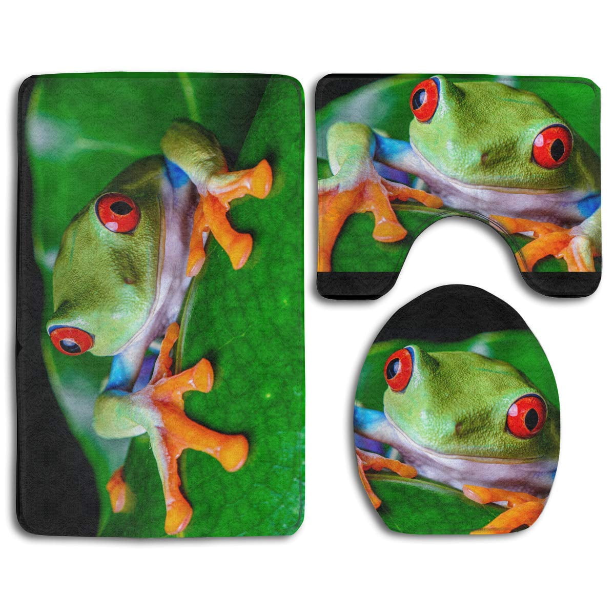 PUDMAD RedEyed Tree Frog Green Leaf 3 Piece Bathroom Rugs Set Bath Rug Contour Mat and Toilet