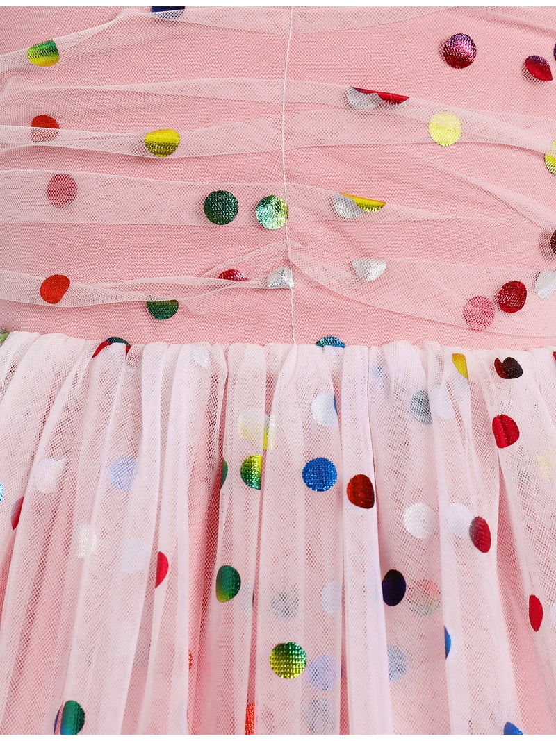 Ibtom Castle Toddler Girl Birthday Dress Floral Confetti Tulle Formal Wedding Party Long Sleeve Dresses for Cake Smash Photo Shoot 5-6 Years Pink