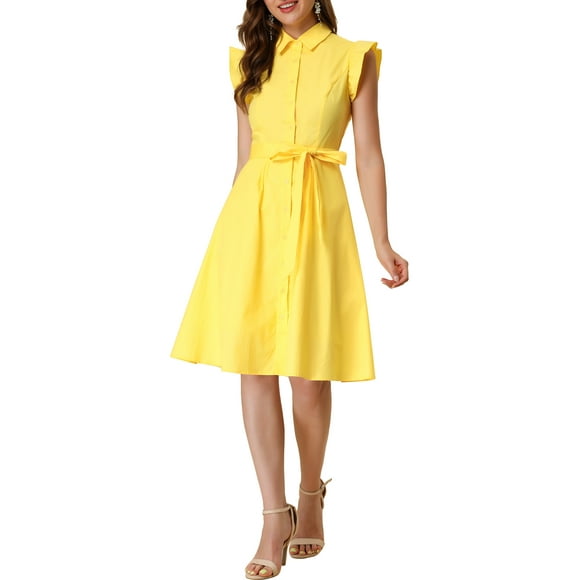 INSPIRE CHIC Women's Shirt Dress Cap Sleeves Point Collar Tie Waist Button Mid Dresses L Yellow