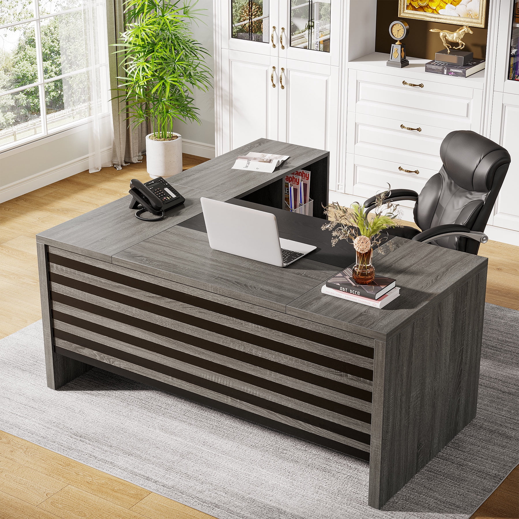 Finmind  Executive Desk with Mobile File Cabinet, 62.2-Inch L-Shaped Office Desk with Storage Shelves for Home Office, Gray